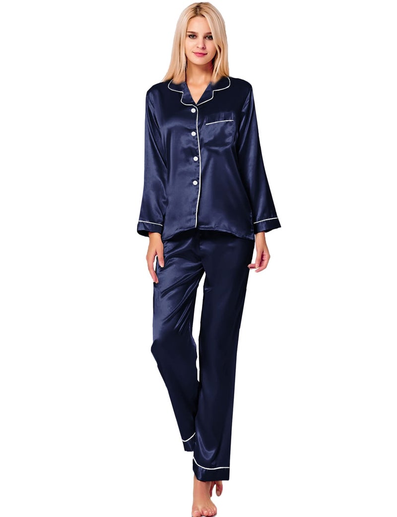 SWOMOG Womens Silk Satin Pajamas Long Sleeve Loungewear Two-Piece Sleepwear Button-Down Pj Set Deep Navy Blue - Image 3